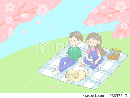 賞花一家人野餐坐在毯子上和一隻狗可愛簡單的手繪插畫 賞花一家人野餐坐在毯子上和一隻狗可愛簡單的手繪插畫 98857245