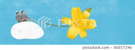 Contemporary art collage. Two sailors pulling out yellow flower. Concept of spring time, happy mood, comparison of seasons. Inspiration, creativity, ad concept. Poster Contemporary art collage. Two sailors pulling out yellow flower. Concept of spring time, happy mood, comparison of seasons. Inspiration, creativity, ad concept. Poster 98857246