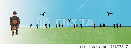 Contemporary art collage with man sitting on chair and looking at flying birds. Concept of spring time, thoughts, doubts. Inspiration, creativity, ad concept. Contemporary art collage with man sitting on chair and looking at flying birds. Concept of spring time, thoughts, doubts. Inspiration, creativity, ad concept. 98857247