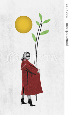 Stylish strange girl in coat hiding green young tree. Contemporary art collage. Concept of spring time, happy mood, comparison of seasons. Inspiration, creativity, ad concept. 98857256