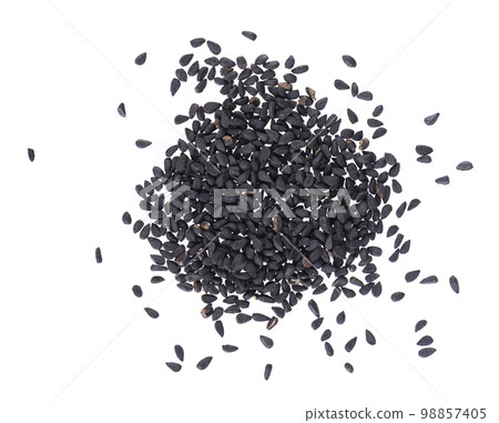 Black cumin seeds isolated on white background. Heap of black nigella seeds. Nigella sativa. Top view. Black cumin seeds isolated on white background. Heap of black nigella seeds. Nigella sativa. Top view. 98857405