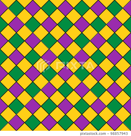 Mardi Gras seamless pattern. Fleur de lis checkered background. Green, purple and yellow background. Vector template for carnival decorations Mardi Gras seamless pattern. Fleur de lis checkered background. Green, purple and yellow background. Vector template for carnival decorations 98857943