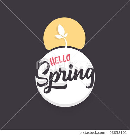 hello spring cut paper style label with ribbon isolated on grey background. Hello spring icon, banner and psoter design template with growing leaf 98858101
