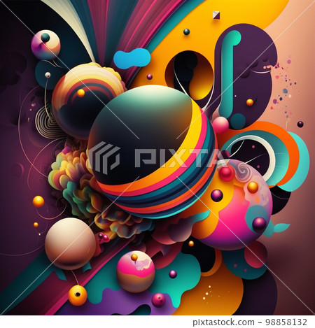Abstract futuristic contemporary modern cosmic design in cartoon style with spheres, stripes and lines. 98858132
