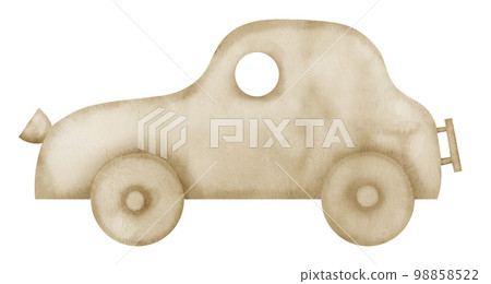 Wooden Toy Car. Watercolor hand drawn illustration for little Baby Boy on isolated background. Retro object for childish leisure game. Vintage element for greeting cards or kid party invitations. 98858522
