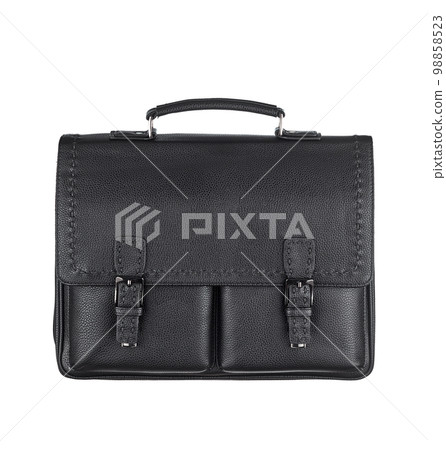 Beautiful black leather briefcase with clasps on the patch pockets, highlighted on a white background. Front view. 98858523