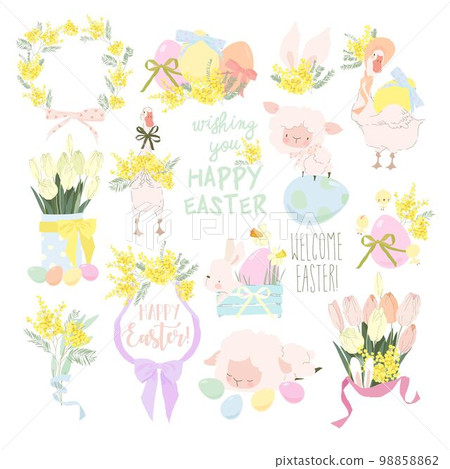 Easter Set with Cute White Bunnies, Gooses, Sheeps and Easter Eggs 98858862