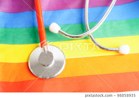 LGBT symbol, Stethoscope with rainbow ribbon, rights and gender equality, LGBT Pride Month in June. LGBT symbol, Stethoscope with rainbow ribbon, rights and gender equality, LGBT Pride Month in June. 98858935