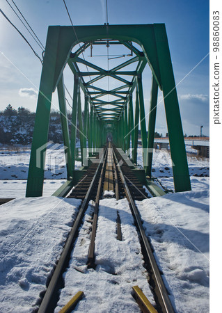 A green iron bridge on the Fujikoshi Kamitaki Line of the Toyama Chihou Railway over the Joganji River A green iron bridge on the Fujikoshi Kamitaki Line of the Toyama Chihou Railway over the Joganji River 98860083