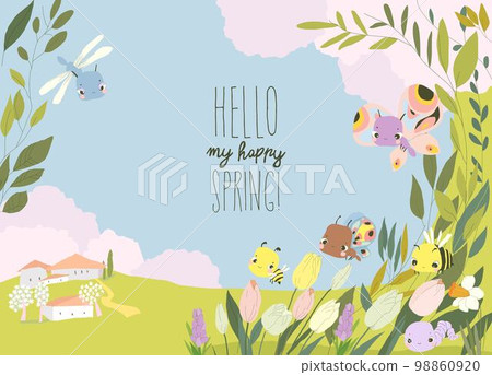 Cartoon Frame with Cute Baby Insects, Spring Flowers and Plants 98860920