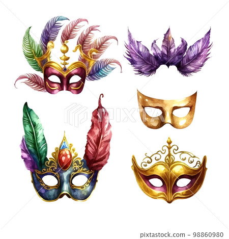 Composition for Mardi Gras. Group of traditional objects. Mask, beads and feathers. Hand drawn watercolor illustration on white background 98860980