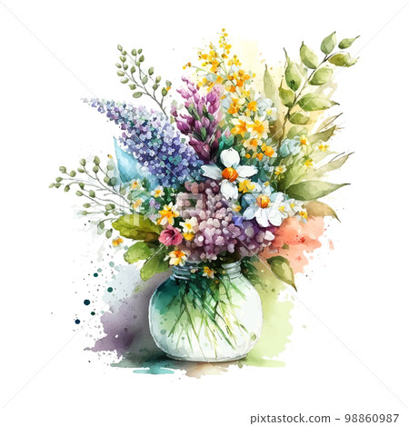 bouquet of spring flowers watercolor Flowers watercolor illustration. Manual composition. Spring. Summer. bouquet of spring flowers watercolor Flowers watercolor illustration. Manual composition. Spring. Summer. 98860987