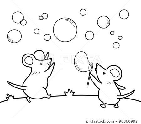 Coloring book of two mice playing with soap bubbles 98860992