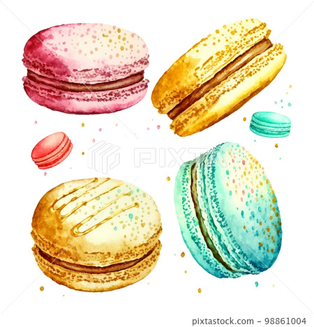 Watercolor set macaroons decorated isolated on white background. Hand drawn illustration of popular crunchy dessert for cafe decoration 98861004
