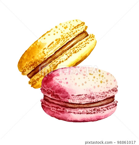 Watercolor image of blue macaroon decorated isolated on white background. Hand drawn illustration of popular crunchy dessert for cafe decoration Watercolor image of blue macaroon decorated isolated on white background. Hand drawn illustration of popular crunchy dessert for cafe decoration 98861017
