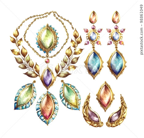 Watercolor jewelry illustration of fashion. Set of gold jewelry with baroque pearls. Necklace with river baroque pearls, pearl earrings, bracelet, pendants. Hand-drown watercolour illustrations. Watercolor jewelry illustration of fashion. Set of gold jewelry with baroque pearls. Necklace with river baroque pearls, pearl earrings, bracelet, pendants. Hand-drown watercolour illustrations. 98861049