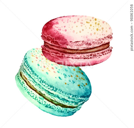 Watercolor image of blue macaroon decorated with bright pink daisy flowers isolated on white background. Hand drawn illustration of popular crunchy dessert for cafe decoration Watercolor image of blue macaroon decorated with bright pink daisy flowers isolated on white background. Hand drawn illustration of popular crunchy dessert for cafe decoration 98861056