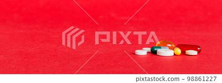 Many different colorful medication and pills perspective view. Set of many pills on colored background Many different colorful medication and pills perspective view. Set of many pills on colored background 98861227