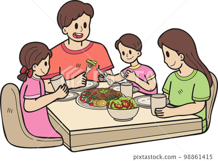 Hand Drawn family eating food on the table illustration in doodle style 98861415
