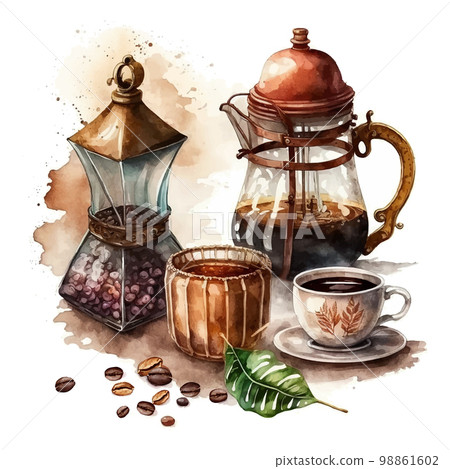 Set of watercolor painting craft package with coffee beans, coffee grinder, coffee maker and spices cinnamon, cloves. Black coffee or cappuccino. Hot drink for breakfast. Refreshing drink. Isolated Set of watercolor painting craft package with coffee beans, coffee grinder, coffee maker and spices cinnamon, cloves. Black coffee or cappuccino. Hot drink for breakfast. Refreshing drink. Isolated 98861602