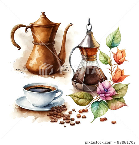 Set of watercolor painting craft package with coffee beans, coffee grinder, coffee maker and spices cinnamon, cloves. Black coffee or cappuccino. Hot drink for breakfast. Refreshing drink. Isolated 98861702