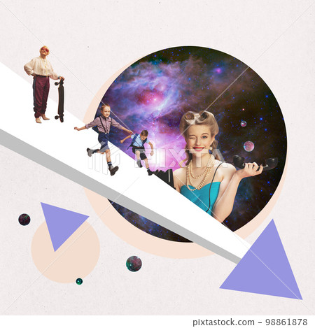 Contemporary art collage. Grandmother playing with two little boys. Beautiful girl talking on phone. Space in geometry Contemporary art collage. Grandmother playing with two little boys. Beautiful girl talking on phone. Space in geometry 98861878