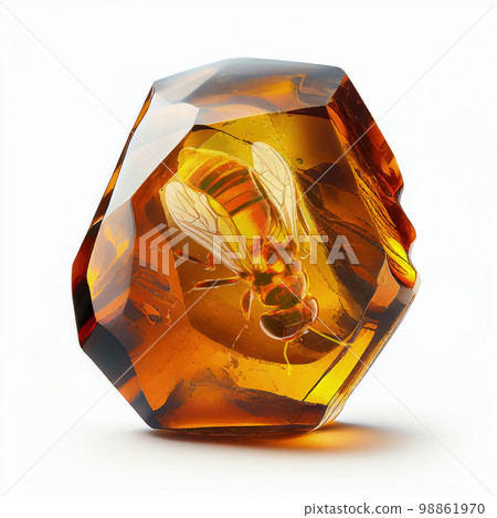 Amber Crystal Isolated, Golden Amber Pebble on White 98861970