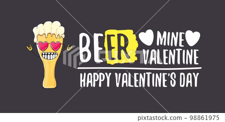 Beer mine valentines vector valentines greeting horizontal banner with beer glass cartoon character isolated on grey background. Vector adult valentines day party poster design template 98861975