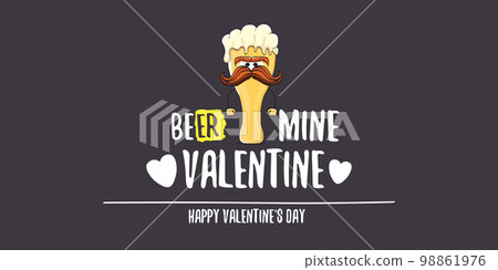 Beer mine valentines vector valentines greeting horizontal banner with beer glass cartoon character isolated on grey background. Vector adult valentines day party poster design template 98861976