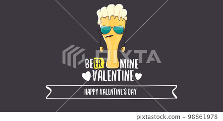 Beer mine valentines vector valentines greeting horizontal banner with beer glass cartoon character isolated on grey background. Vector adult valentines day party poster design template Beer mine valentines vector valentines greeting horizontal banner with beer glass cartoon character isolated on grey background. Vector adult valentines day party poster design template 98861978