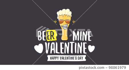 Beer mine valentines vector valentines greeting horizontal banner with beer glass cartoon character isolated on grey background. Vector adult valentines day party poster design template 98861979