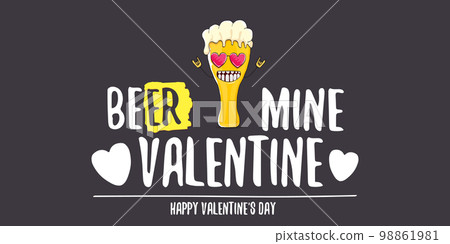 Beer mine valentines vector valentines greeting horizontal banner with beer glass cartoon character isolated on grey background. Vector adult valentines day party poster design template Beer mine valentines vector valentines greeting horizontal banner with beer glass cartoon character isolated on grey background. Vector adult valentines day party poster design template 98861981