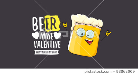 Beer mine valentines vector valentines greeting horizontal banner with beer glass cartoon character isolated on grey background. Vector adult valentines day party poster design template Beer mine valentines vector valentines greeting horizontal banner with beer glass cartoon character isolated on grey background. Vector adult valentines day party poster design template 98862009