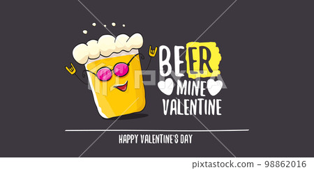 Beer mine valentines vector valentines greeting horizontal banner with beer glass cartoon character isolated on grey background. Vector adult valentines day party poster design template Beer mine valentines vector valentines greeting horizontal banner with beer glass cartoon character isolated on grey background. Vector adult valentines day party poster design template 98862016