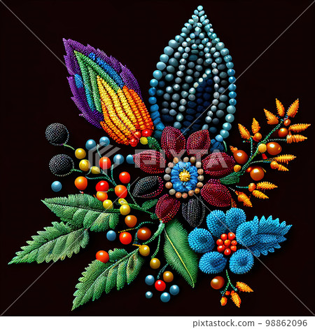 Embroidery Flower, Floral Pattern with Small Beads, Embroidered Beadwork, Generative AI Illustration 98862096