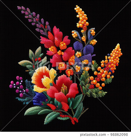 Embroidery Flower, Floral Pattern with Small Beads, Embroidered Beadwork, Generative AI Illustration Embroidery Flower, Floral Pattern with Small Beads, Embroidered Beadwork, Generative AI Illustration 98862098