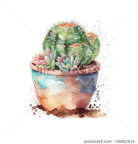 Watercolor Cactus in Pot, Mexican Cacti, Generative AI Illustration Watercolor Cactus in Pot, Mexican Cacti, Generative AI Illustration 98862610