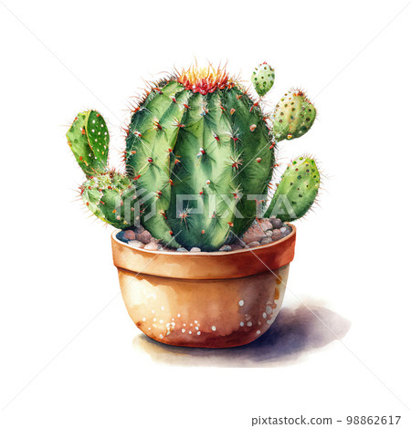 Watercolor Cactus in Pot, Mexican Cacti, Cute Succulent, Generative AI Illustration 98862617