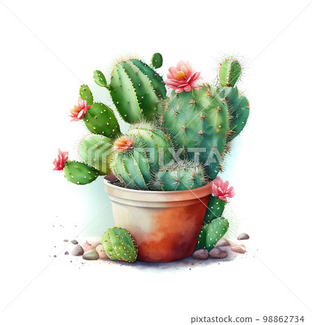 Watercolor Cactus in Pot, Mexican Cacti, Cute Succulent, Generative AI Illustration 98862734