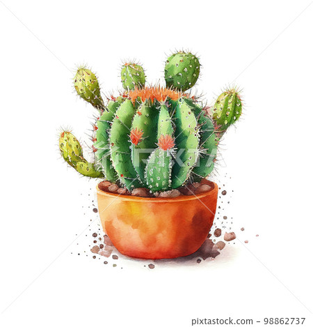 Watercolor Cactus in Pot, Mexican Cacti, Generative AI Illustration 98862737