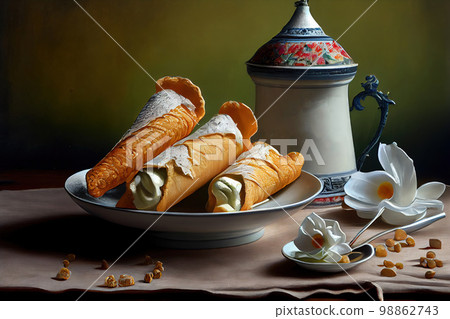 Still Life with Cannoli, Creamy Filling Cheese Cake, Vintage Painting 98862743