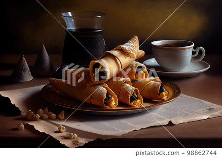Still Life with Cannoli, Creamy Filling Cheese Cake, Vintage Painting Still Life with Cannoli, Creamy Filling Cheese Cake, Vintage Painting 98862744
