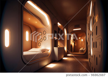 Capsule Hotel Room, Small Bedroom Interior, Hostel, Generative AI Illustration 98862887