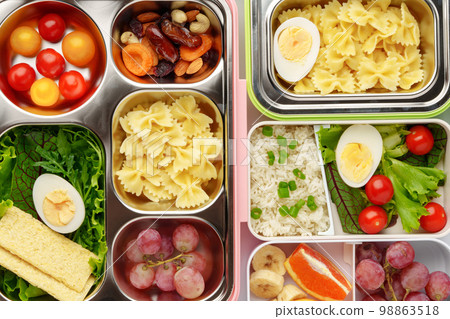 Many containers with delicious healthy food for background 98863518