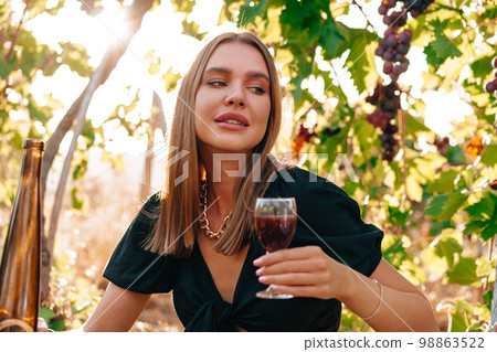 Young blonde woman sitting on a picnic in a vineyard 98863522