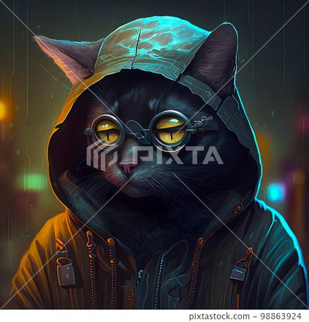 Dystopian Art Gloomy Black Cat with Bright Yellow Eyes Wearing a Hoodie, Hat and Glasses 98863924