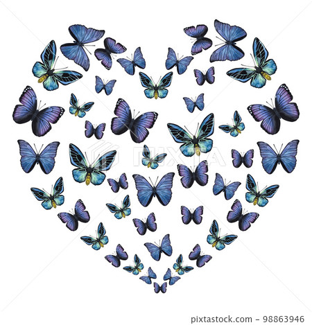 Blue violet butterflies. Shape of a heart. Hand-drawn watercolor illustration isolated on white background. Can be used for card, poster, stickers 98863946