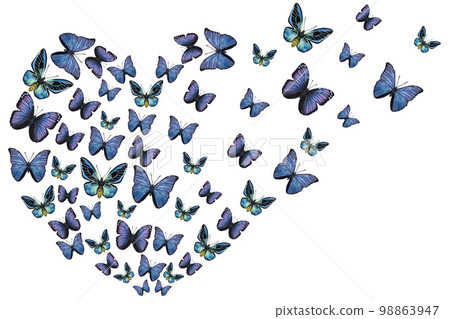 Blue violet butterflies. Shape of a heart. Hand-drawn watercolor illustration isolated on white background. Can be used for card, poster, stickers 98863947
