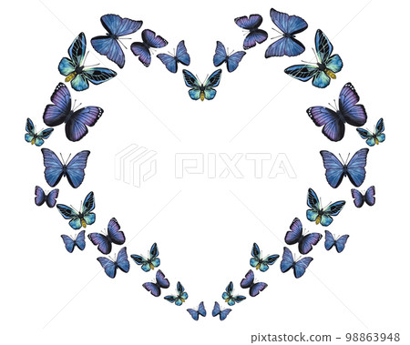 Frame blue violet butterflies. Shape of a heart. Hand-drawn watercolor illustration isolated on white background. Can be used for card, poster 98863948