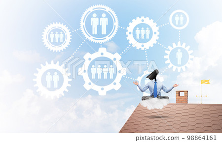 Concept of security and privacy protection with camera headed man meditating 98864161